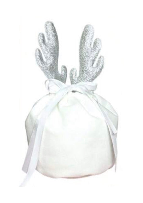 White velvet with Silver Antlers gift bag - ribbon drawstring close